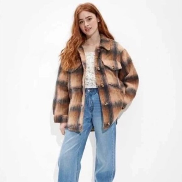 American Eagle Brushed Plaid Oversized Shacket Coat - Picture 1 of 6